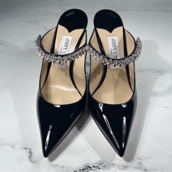 Jimmy Choo Bing 100 Black Patent Leather Crystal Strap Embellished